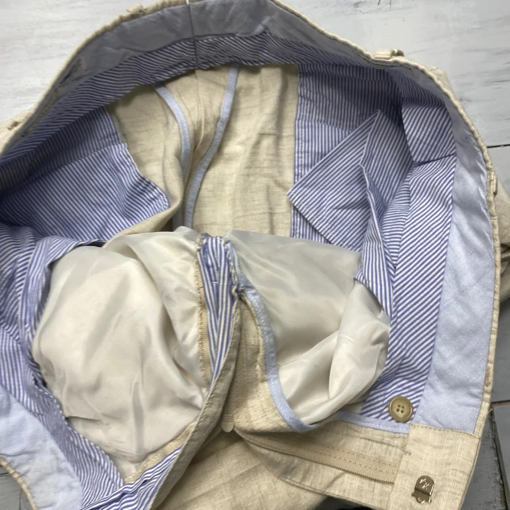 Dapper Classics Linen Trousers Mens 38 Beige Flat Front Cuffed Made in USA Pants